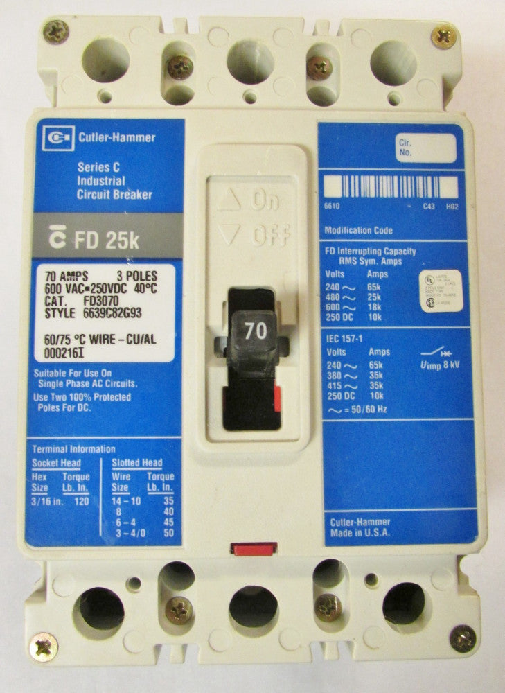 Cutler Hammer Westinghouse Fd Circuit Breaker 3 Pole 70 Amp FD3070