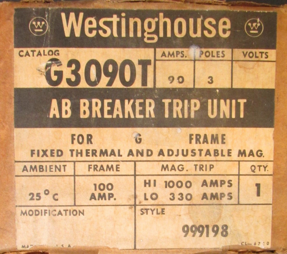WESTINGHOUSE G3090T 3 Pole 90 Amp Type G Trip Unit Style 999198