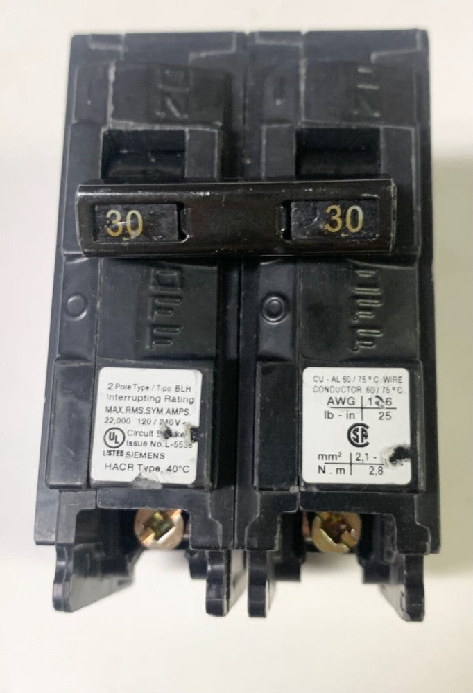 SIEMENS B230HF 2 Pole 30 AMP Type BLH Circuit Breaker Bolt In