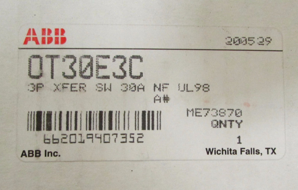 ABB OT30E3C 3 Pole 30 Amp Disconnect Switch NF UL98 ME73870