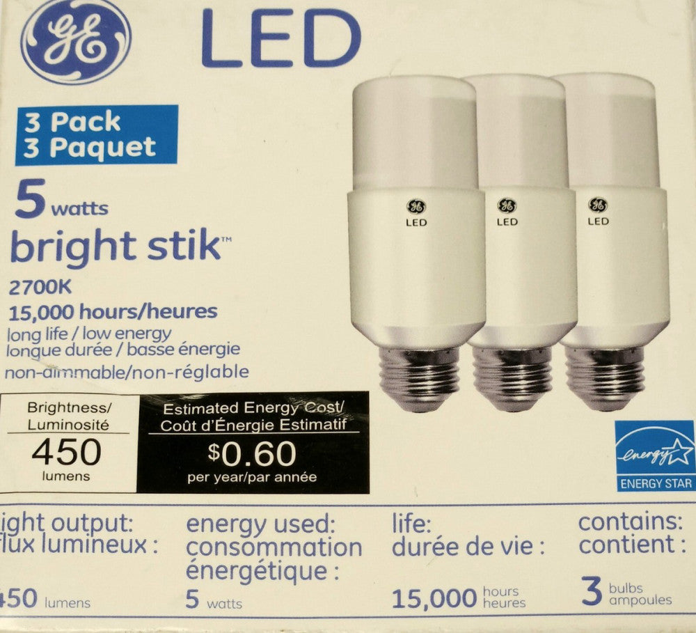 GENERAL ELECTRIC 66256 LED Bright Stik 3 PACK 450 Lumens 2700K 5.5 Watt 80 MA