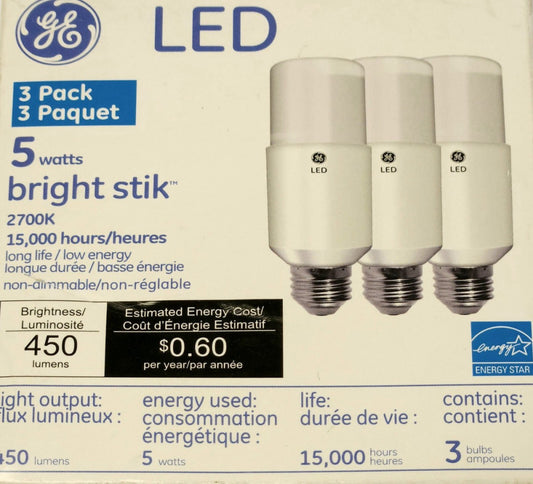 GENERAL ELECTRIC 66256 LED Bright Stik 3 PACK 450 Lumens 2700K 5.5 Watt 80 MA