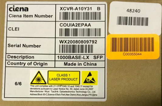 CIENA XCVR A10Y31 CLEI COUIA2EPAA 1000BASE LX SFP TRANSCIEVER