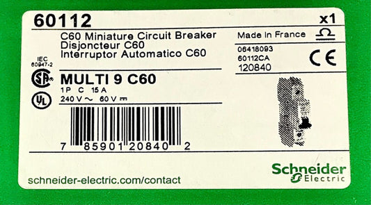 SCHNEIDER ELECTRIC 60112 C60 Multi 9 C60 Miniature Circuit Breaker 15 AMP 1 Pole
