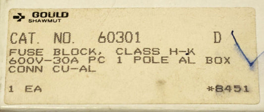 GOULD 60301 Fuse Block 30 AMP 600 VAC Single Pole CU-AL