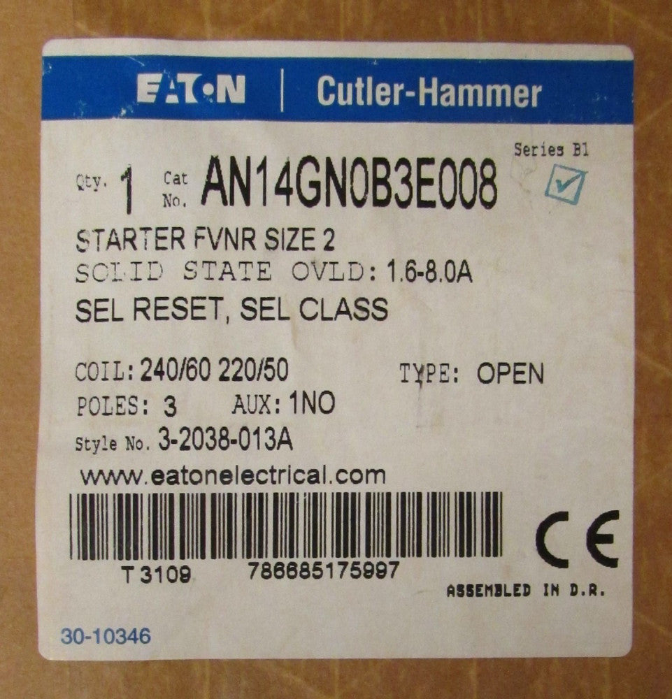 EATON CUTLER HAMMER AN14GN0BE008 220/240V Size 2 AN14GN0 Starter 1.6-8A Overload