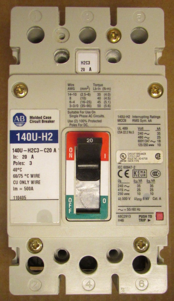 ALLEN BRADLEY 140U-H2 Circuit Breaker 3 Pole 20 Amp 140U H2C3 C20