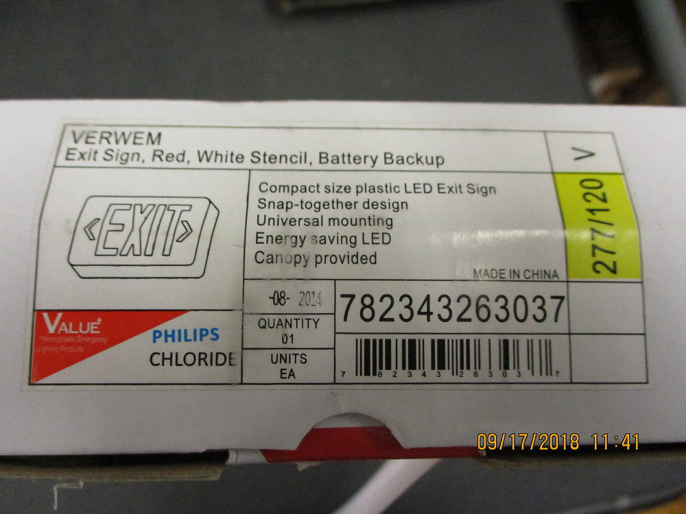 VERWEM Philips VE Series LED Exit Sign; Stencil Face, Red Letter BRAND NEW!