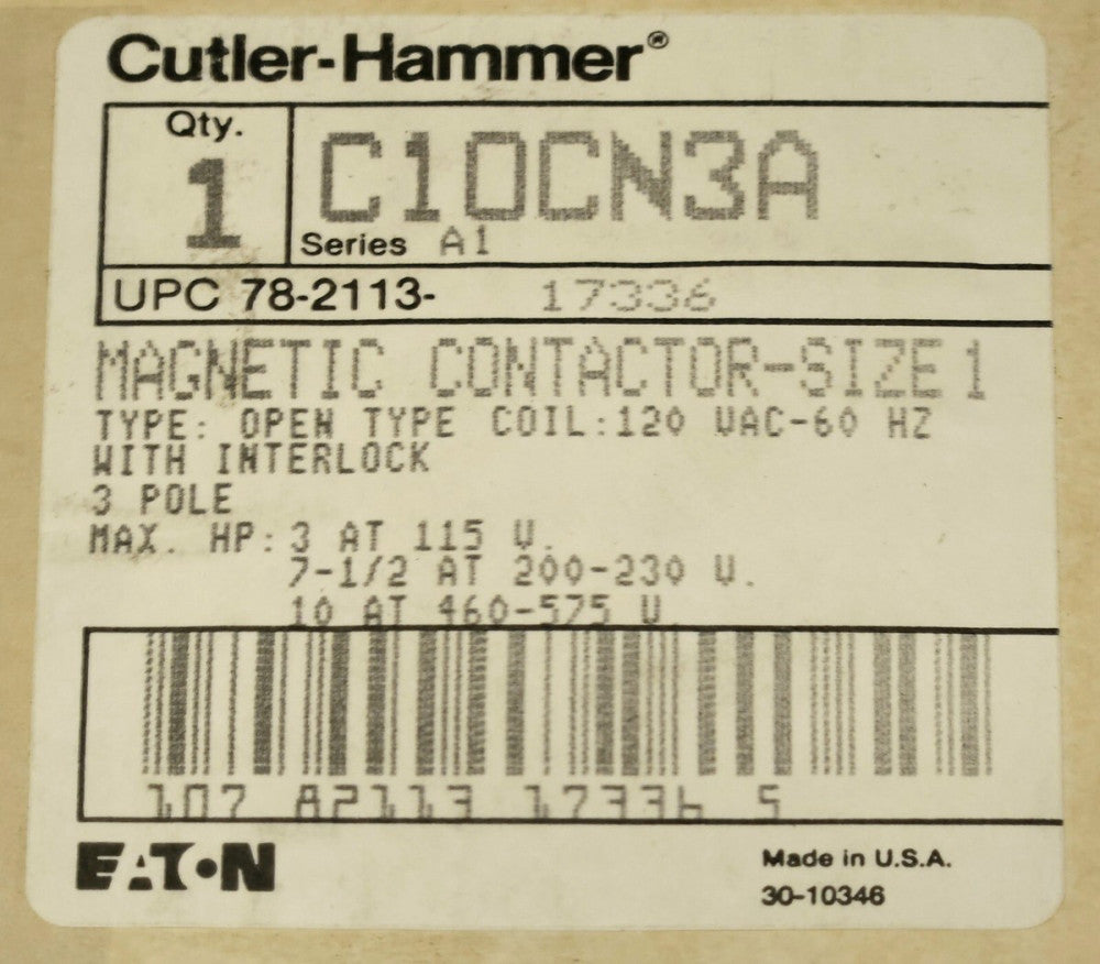 EATON CUTLER HAMMER C10CN3A 120 VAC Size 1 Citation Series C10CN3 Contactor