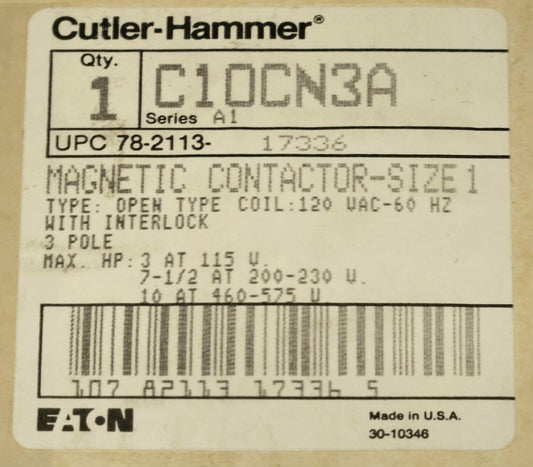 EATON CUTLER HAMMER C10CN3A 120 VAC Size 1 Citation Series C10CN3 Contactor