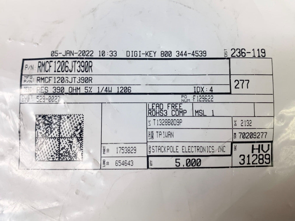 (SEALED) STACKPOLE ELETRONICS RMCF1206JT390R TR ND Pack of 5000 Resiton Chip 4L
