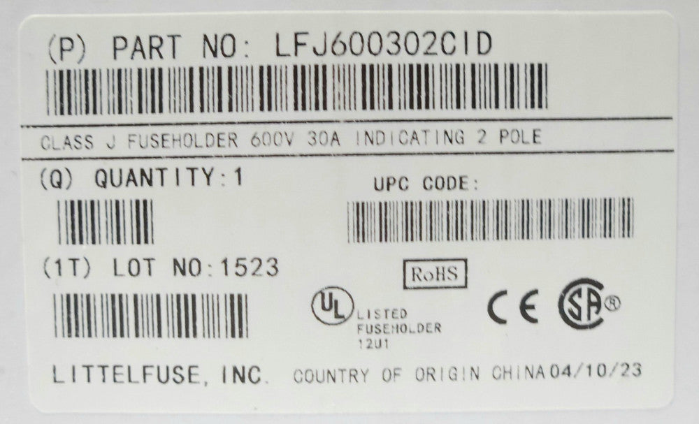 LITTELFUSE LFJ600302CID CLASS J Fuse Holder 30 AMP 2 Pole 600 VAC Illuminated