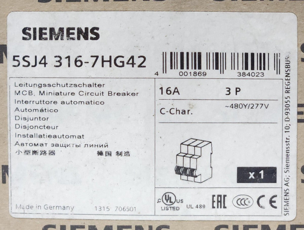 SIEMENS 5SJ4 316 7HG42 3 Pole 16 AMP MCB Miniature Circuit Breaker Type NSJ C-CH
