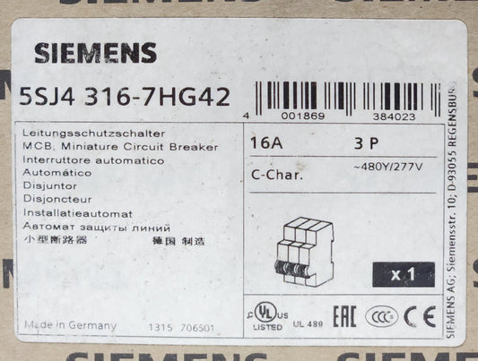 SIEMENS 5SJ4 316 7HG42 3 Pole 16 AMP MCB Miniature Circuit Breaker Type NSJ C-CH