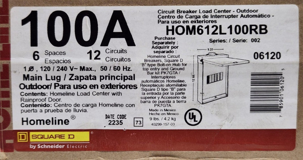 SQUARE D HOM612L100RB 100 AMP 6 Space 12 Circuit 3R Rainproof Load Center