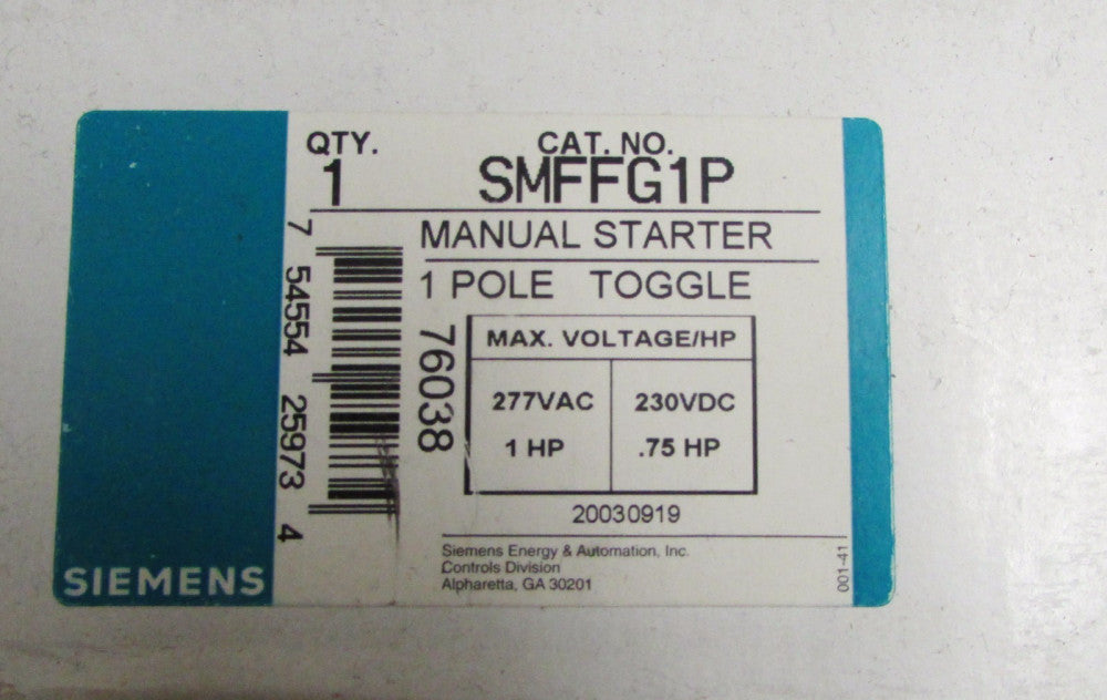 SIEMENS SMFFG1P 277 V 1 HP Manual Starter 