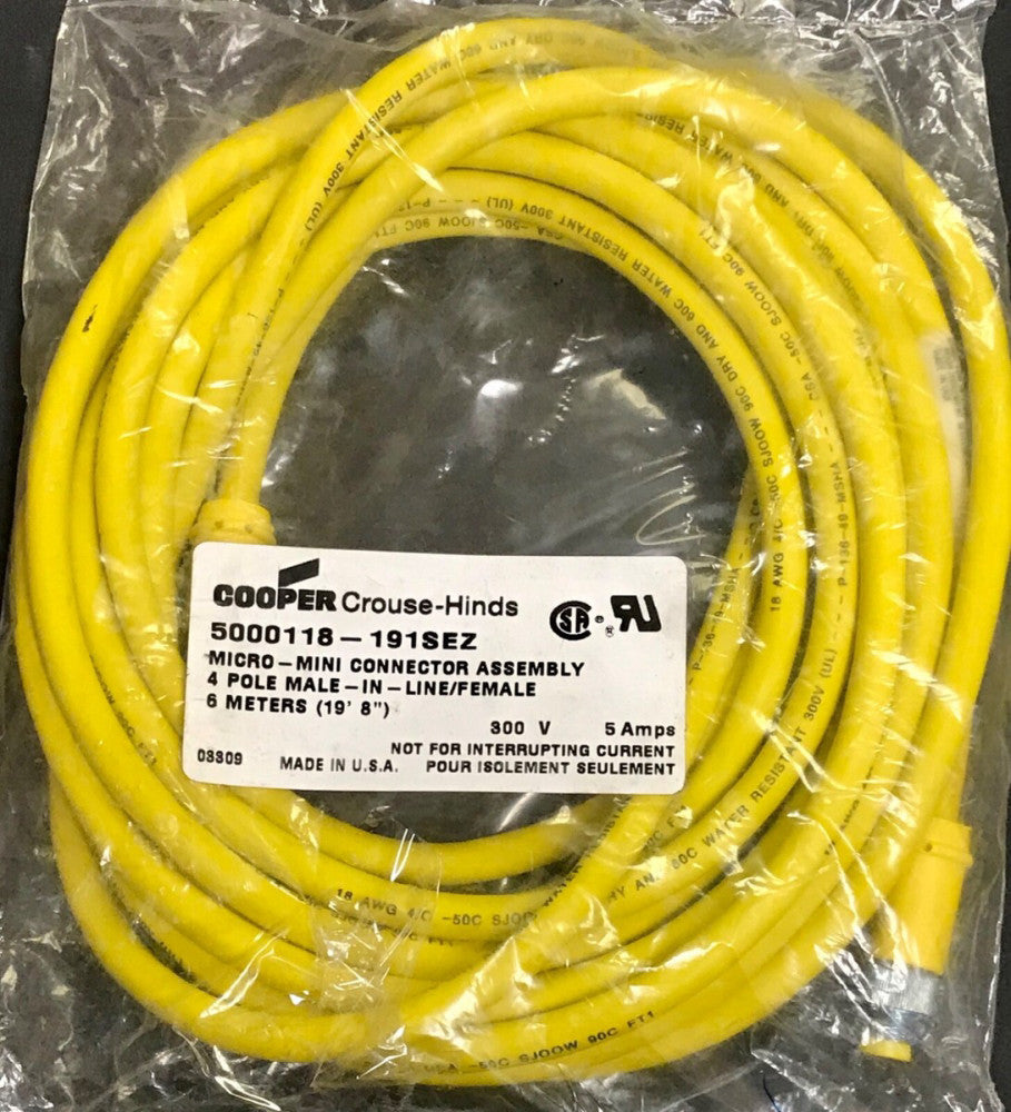 COOPER CROUSE HINDS 5000118 191SEZ Micro Mini Connector Cable 19'8" 300 V 5 AMP