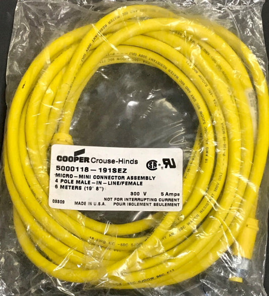 COOPER CROUSE HINDS 5000118 191SEZ Micro Mini Connector Cable 19'8" 300 V 5 AMP