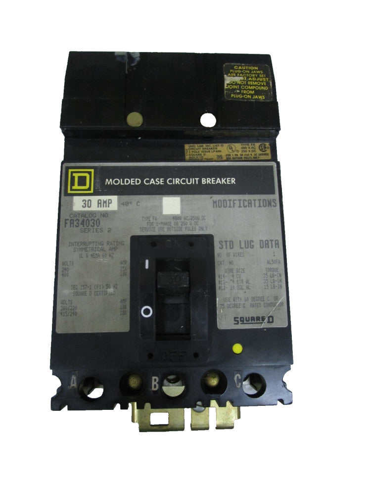 Square D FA34030 Circuit Breaker 30A Amp 480Vac 3P 3 POLE