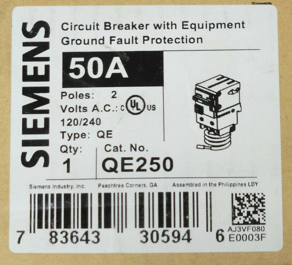 SIEMENS QE250 2 POLE 50 AMP Type QE Ground Fault Equipment Protection Circuit