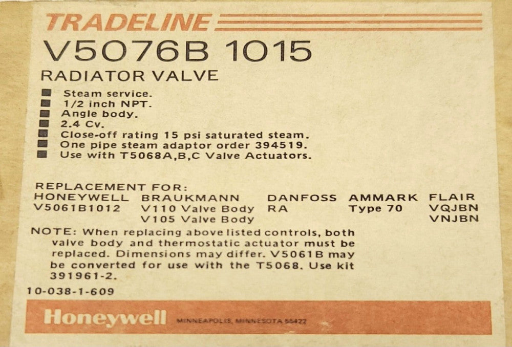 HONEYWELL TRADELINE V5076B 1015 Steam Radiator Valve 1/2 Inch NPT 15 PSI