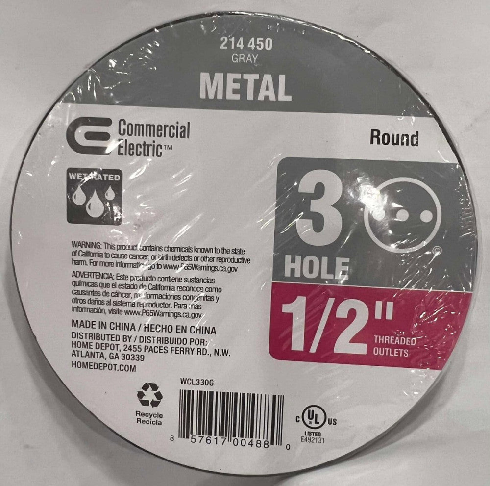 COMMERCIAL ELECTRIC 214 450 Gray Metal Round 3 Hole 1/2" Threaded Outlets