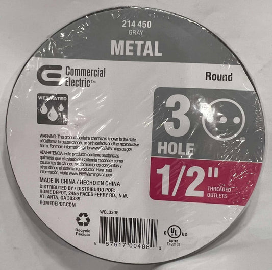 COMMERCIAL ELECTRIC 214 450 Gray Metal Round 3 Hole 1/2" Threaded Outlets