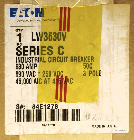 EATON CUTLER HAMMER LW3630V 3 Pole 600 AMP Type LW LW3630 50' 500-630 AMP