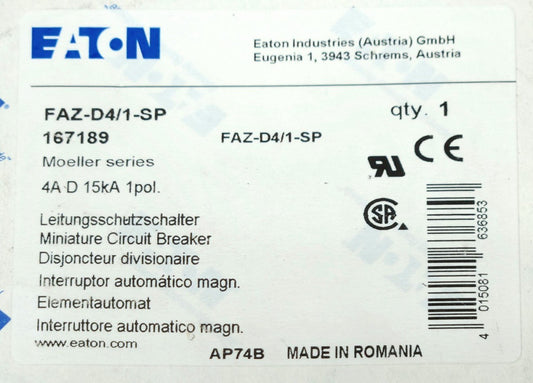 EATON FAZ D4 1 SP Single Pole 4 AMP XEFFECT Miniature Circuit Breaker FAZ D4 1