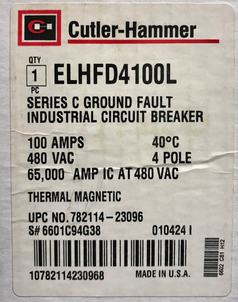 CUTLER HAMMER ELHFD4100L 4 Pole 100 AMP Type ELHFD Earth Leakage Circuit Breaker