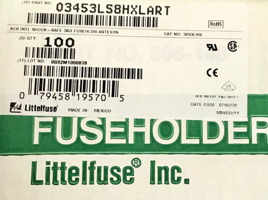 BOX OF100 LITTELFUSE 03453LS8HXLART ACS INTL SHOCK-SAFE 3AG Fuse Holder 3453LS8L