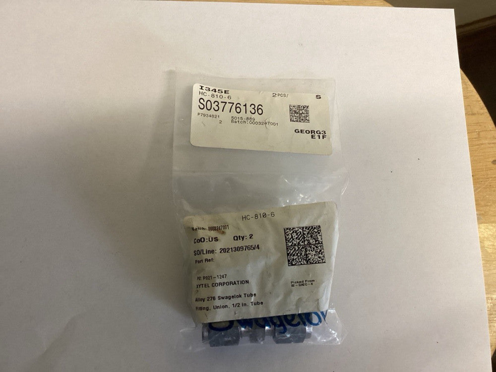 Alloy C-276 Swagelok HC-810-6.  1/2” Union. 1 Pack Of 2 Fittings.