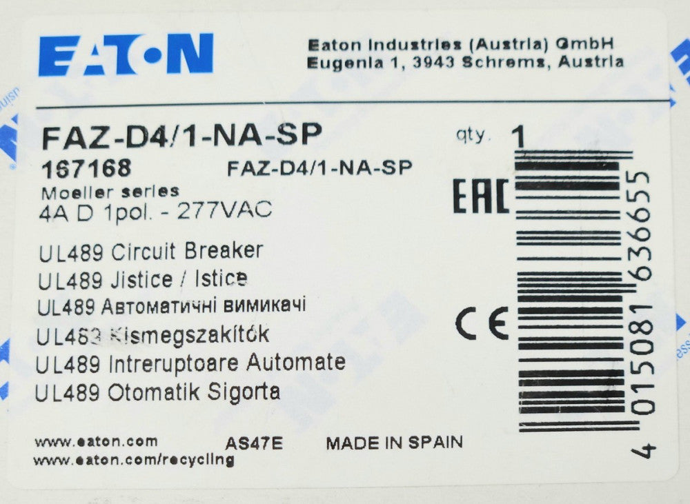 EATON MOELLER FAZ-D4/1-NA-SP Single Pole 4 AMP Circuit Breaker FAZ D4 1 NA SP