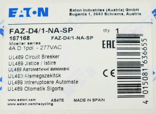 EATON MOELLER FAZ-D4/1-NA-SP Single Pole 4 AMP Circuit Breaker FAZ D4 1 NA SP