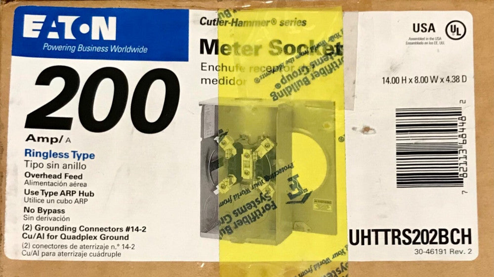 EATON UHTTRS202BCH 200 AMP 600 VAC Ringless Meter Socket Base Nema 3R Outdoor