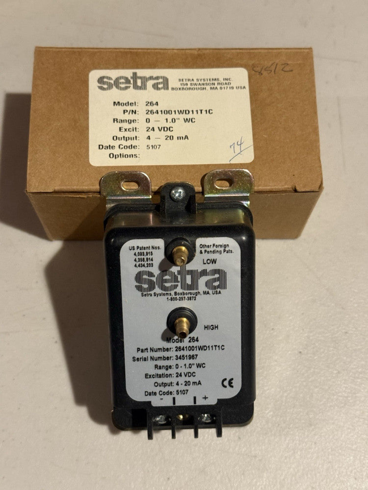 Setra 264 - 2641001WD11T1C Differential Pressure Transducer 0-1.0" WC, 24VDC New