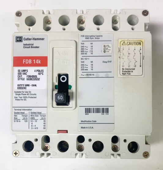 EATON CUTLER HAMMER FDB4060L 4 Pole 60 AMP Type FDB Circuit Breaker FDB4060 