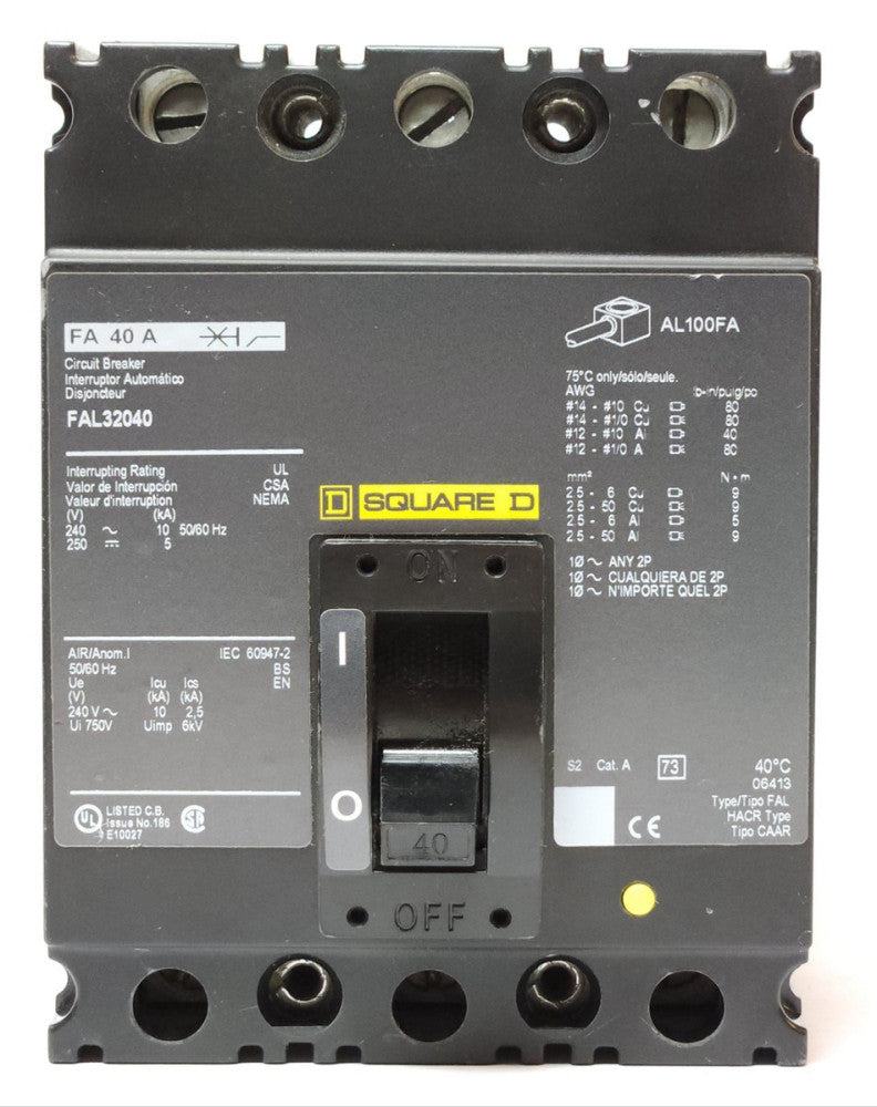 SQUARE D FAL32040 3 Pole 40 AMP Type FA 40 A Circuit Breaker