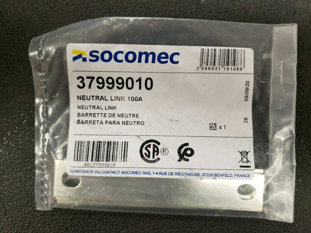 NEW, SOCOMEC, 37999010, Solid Neutral Link 100A 