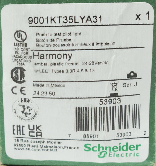 SCHNEIDER ELECTRIC 9001KT35LYA31 AMBER LED CLUSTER Push to Test Pilot Light Push