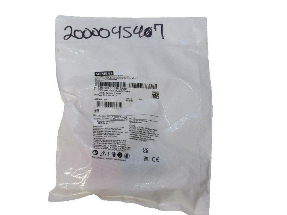 Siemens 3SU1000-1GB20-0AA0 Red Twist Emergency Mushroom Push Button (New)