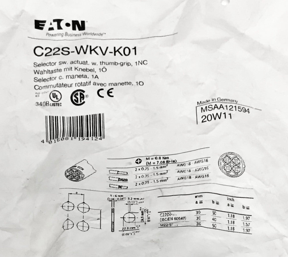 EATON C22S WKV K01 2 Position Spring Return From Right Selector Switch