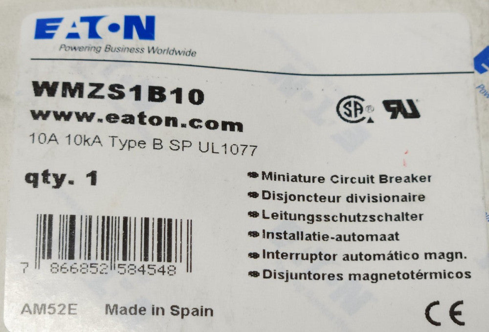 EATON WMZS1B10 Single Pole 10 AMP Type B SP Miniature Circuit Breaker
