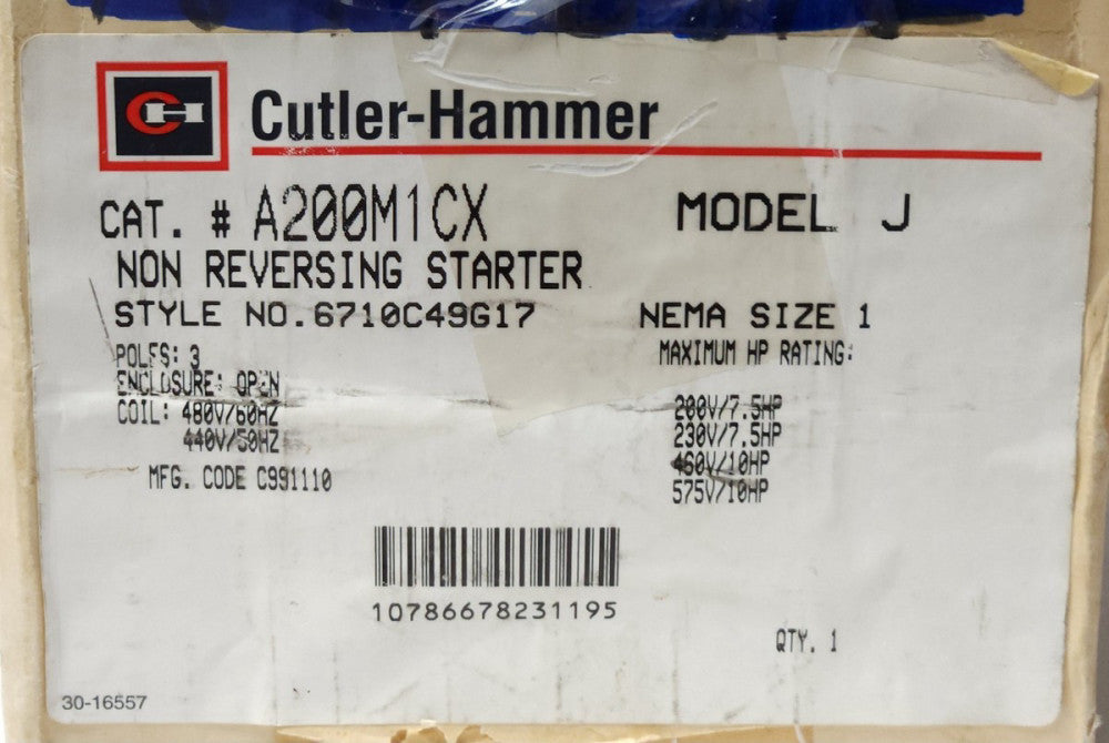 EATON CUTLER HAMMER A200M1CX Size 1 A200 Starter 480 VAC Coil