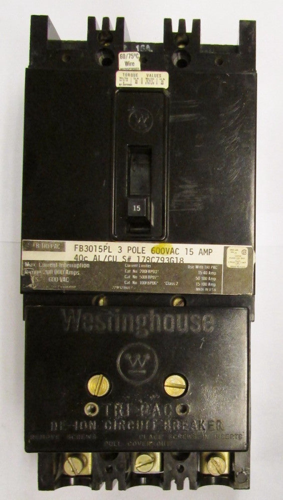 WESTINGHOUSE Type FB TRI PAC Circuit Breaker 3 Pole 15 Amp FB3015PL