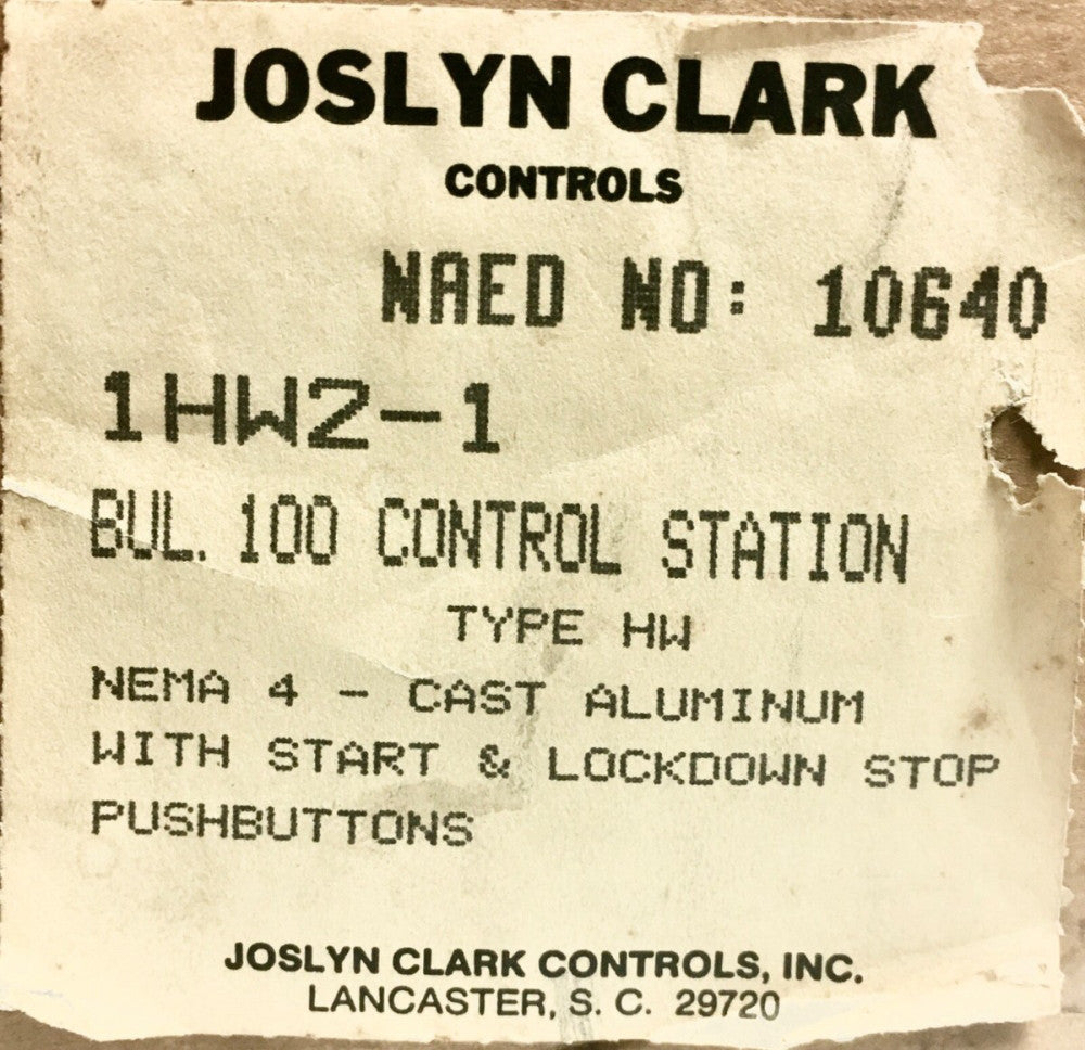 JOSLYN CLARK SYLVANIA 1HW2 1 Start Stop Pushbutton Control Station Type HW 10640
