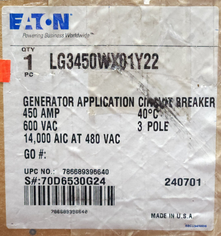 EATON CUTLER HAMMER LG3450WX01Y22 Type LG LG3450 3 Pole 450 AMP Generator Circui