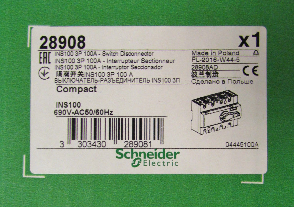 Schneider Electric INS100 690V Manual Disconnect Switch Protector 100 Amp 28908
