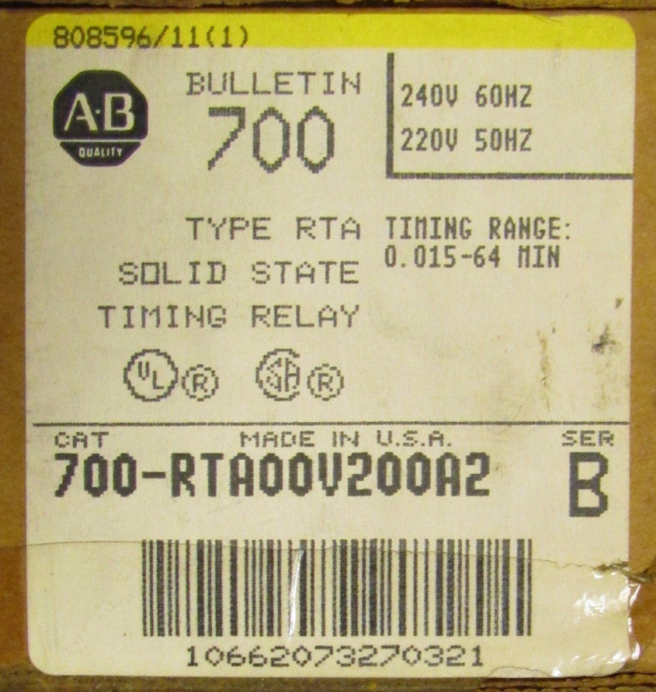 ALLEN BRADLEY 700 RTA00V200A2 .015 - 64 Minute 220/240V RTA Timing Relay Timer