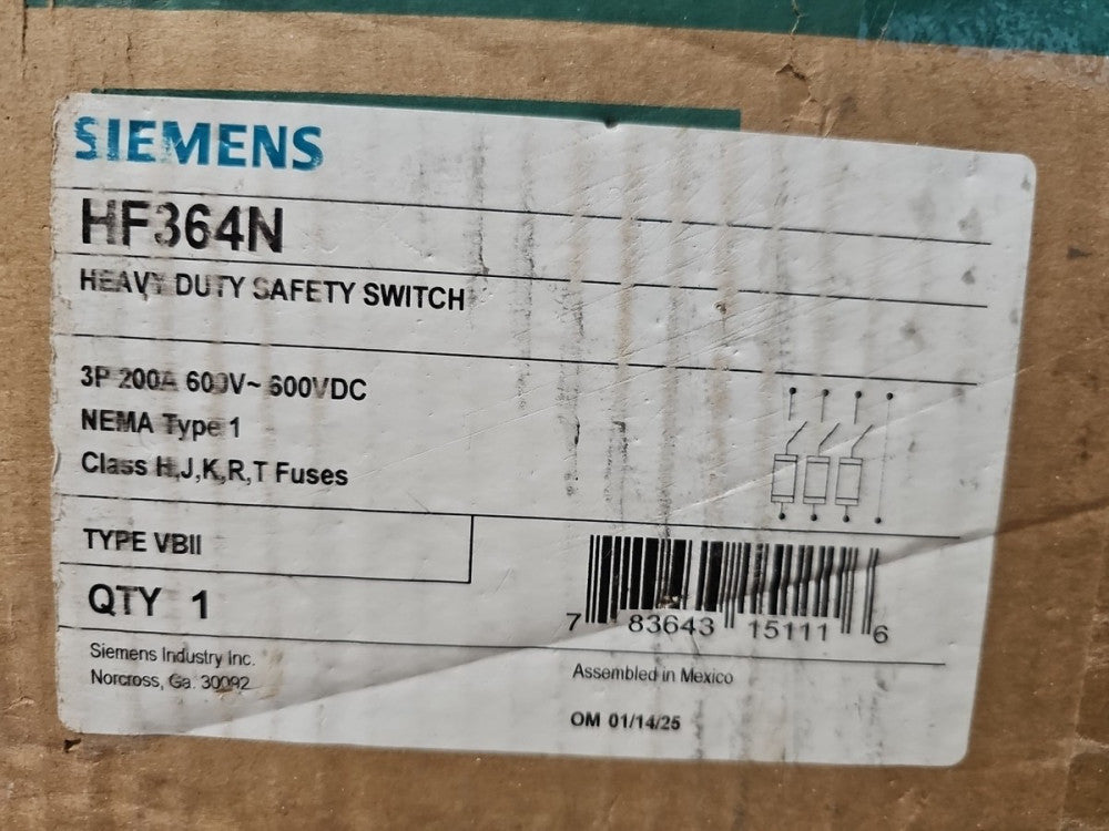 Siemens HF364N Heavy Duty Safety Switch 200A 600VAC/DC 3PH 600V Type 1 H,J,K,R,T